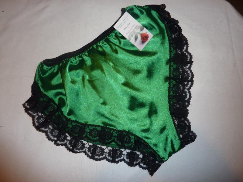 Green satin and black lace  Hi cut French knickers